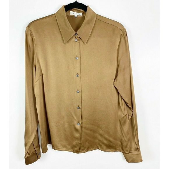 Celine Tops - Celine Silk Button Up Collared Top Brass Satin